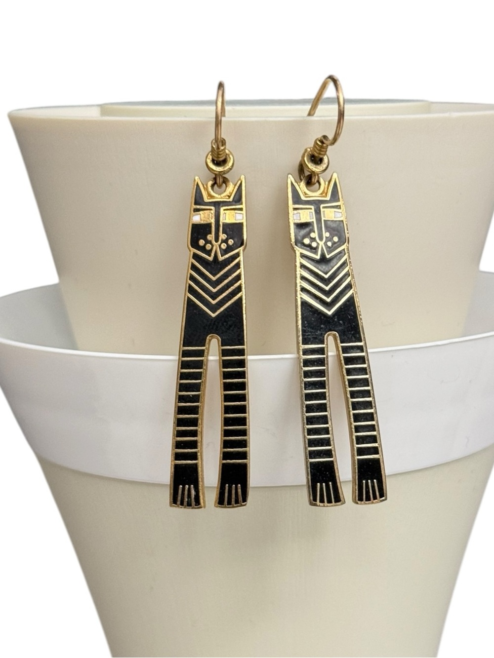 Laurel Burch Black Cat Enamel Dangle Earrings Vintage Gold Tone "Charms" Cats